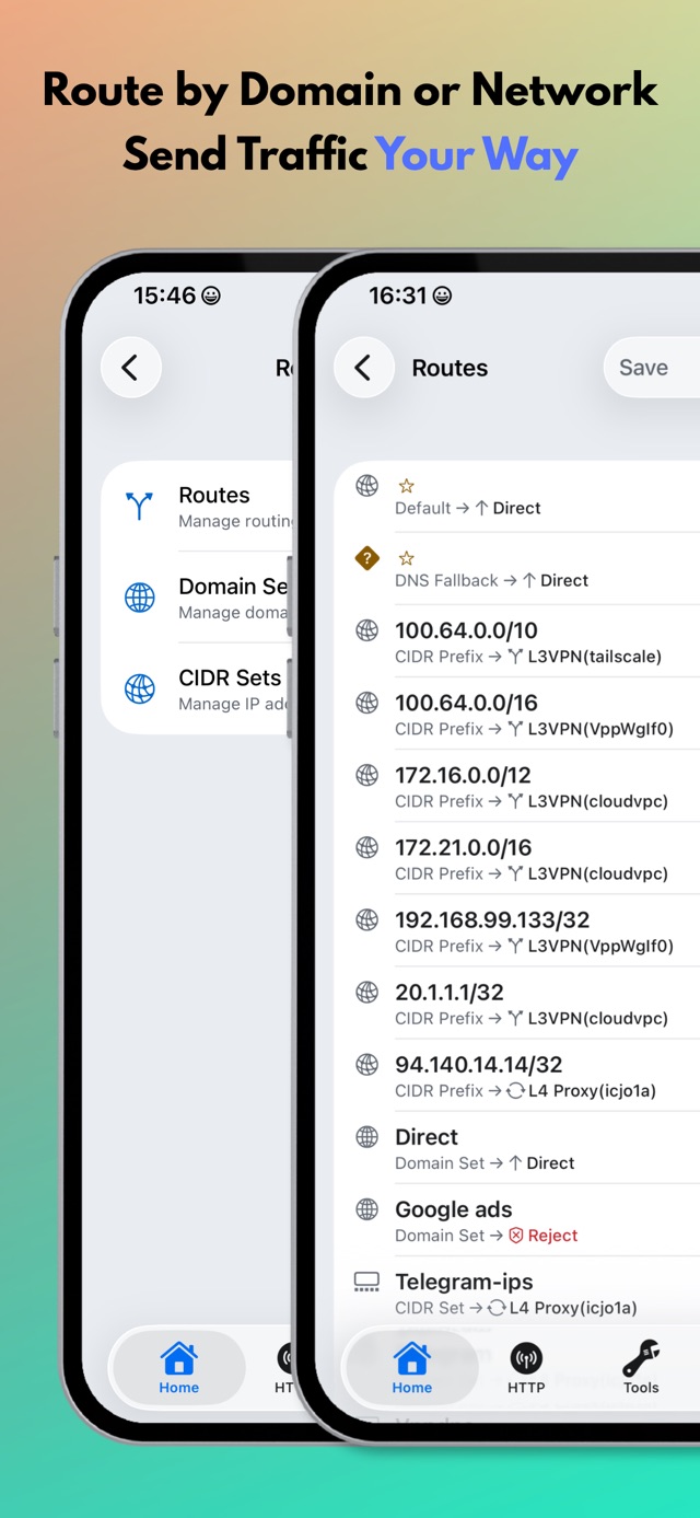 MintFlow App Store screenshot: domain and IP routing rules with Direct, VPN, proxy, and Reject outputs