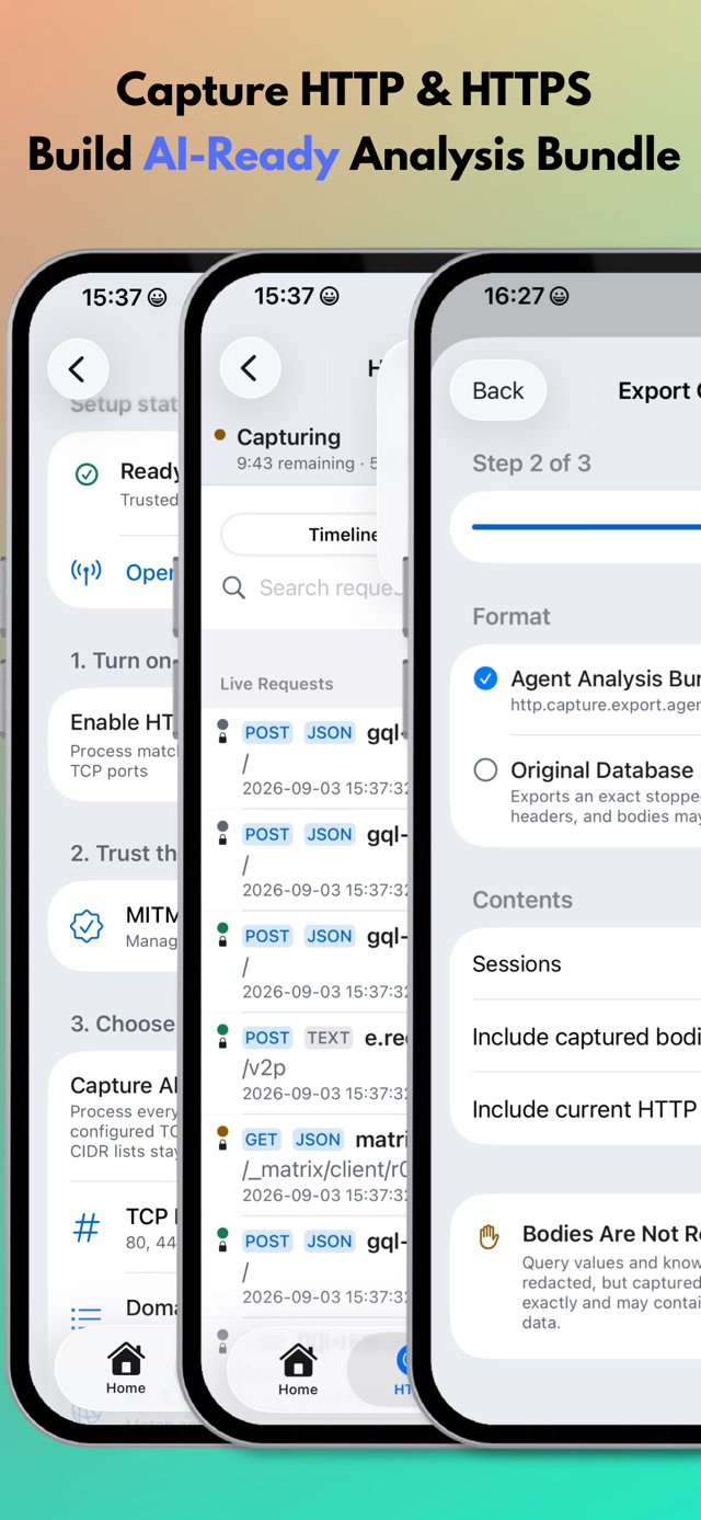 MintFlow App Store screenshot: HTTP capture and Agent Analysis Bundle export