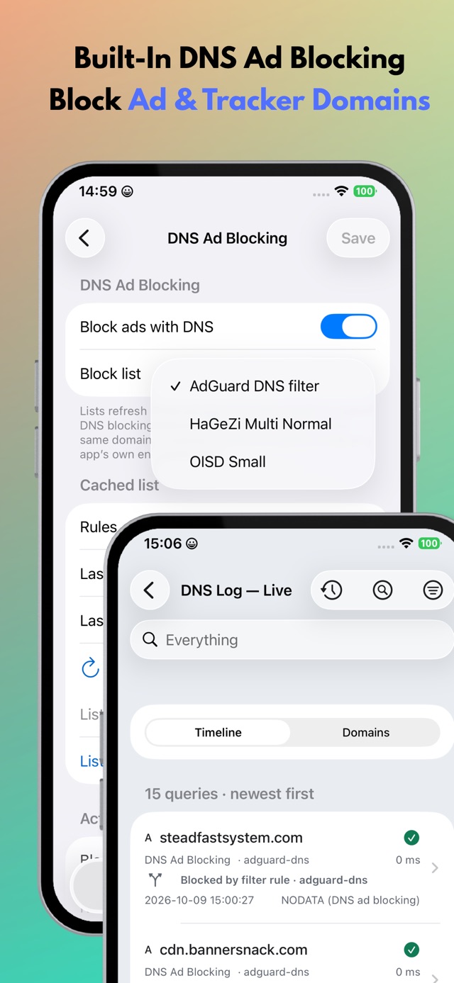 MintFlow App Store screenshot: built-in DNS ad blocking with AdGuard, HaGeZi, and OISD lists and blocking decisions in DNS Log