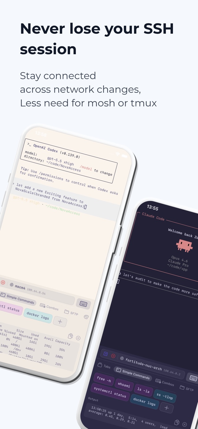 NovaScale App Store screenshot: SSH terminal sessions across network changes